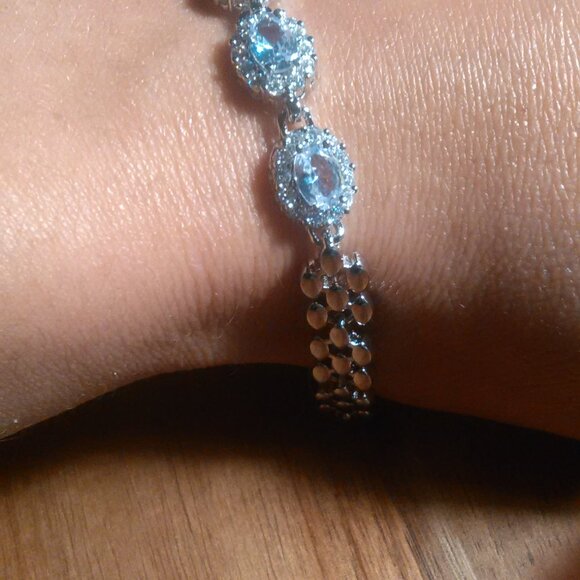 Simulated Blue and White Diamond Silvertone Brass Bracelet - Picture 14 of 15